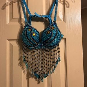Blue Sequin Tassel Bra Top: Mardi Gras Halloween